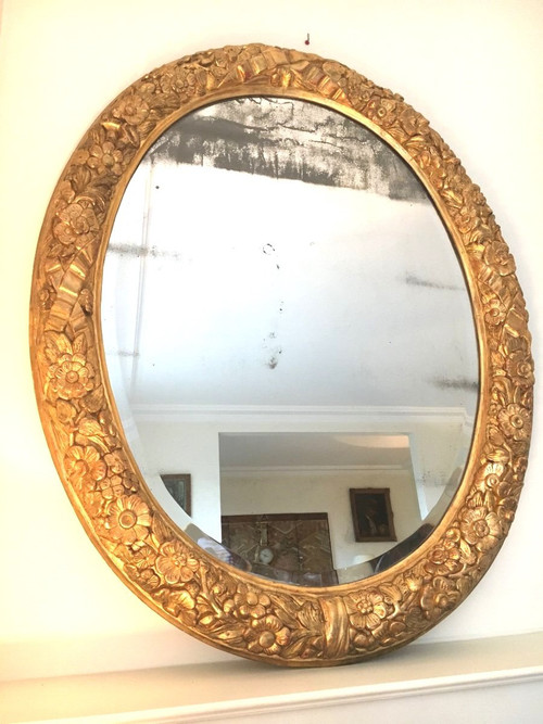 Gilded wood oval mirror, Large size 125 cm - 18th century French work