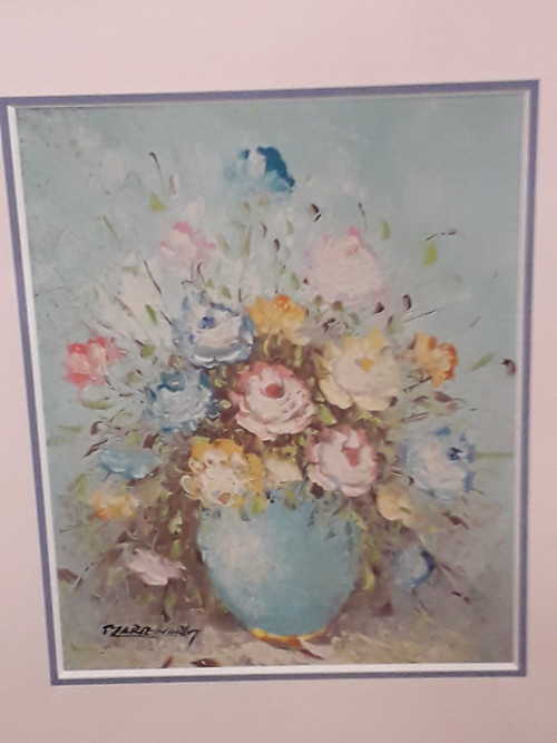 Painting under glass bouquet of flowers signed