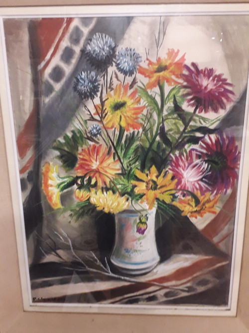 Pastel painting bouquet of flowers signed (P.Charton)