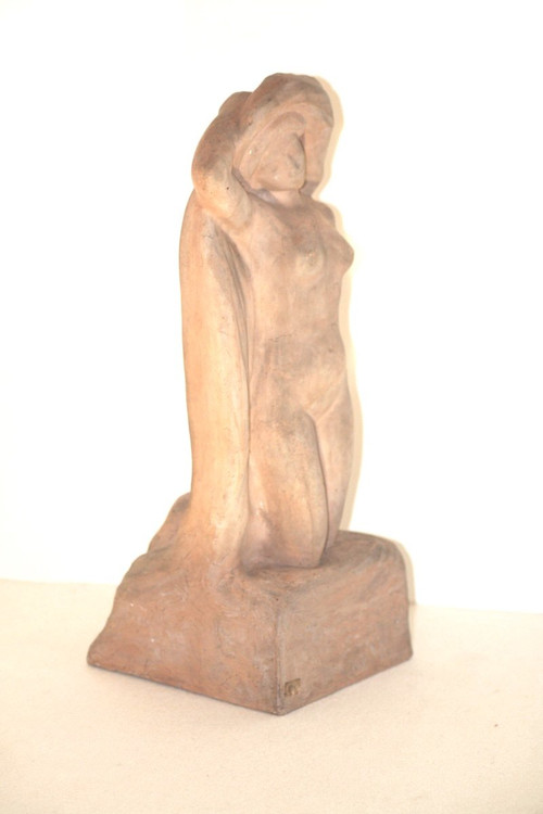 Sculpture En Terre Cuite, Baigneuse Nue, Signée Alfred Jean Halou, Début 20ème 1910/1920