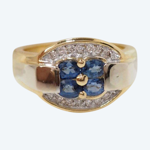 Ribbon Ring In Yellow Gold, Ceylon Sapphires And Diamonds