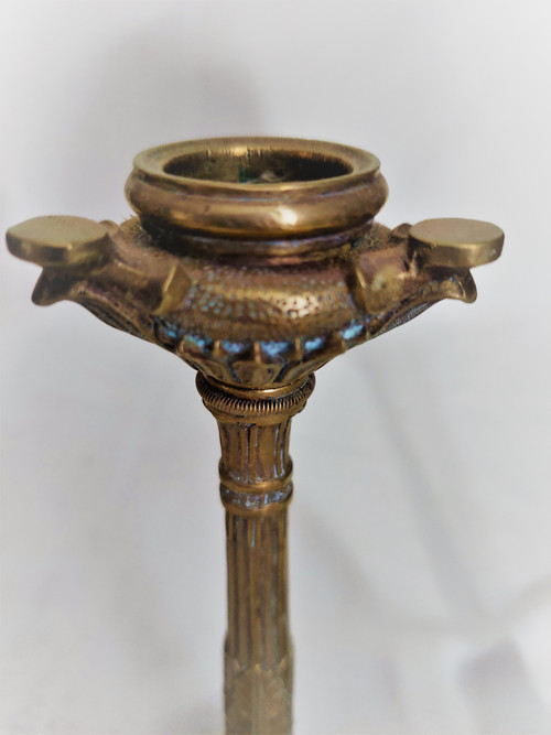 Pair of Louis XVI style candlesticks in bronze with brown patina