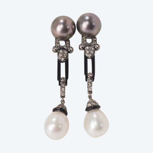 Pair Of White Gold Diamond Cognac And Pearl Earrings