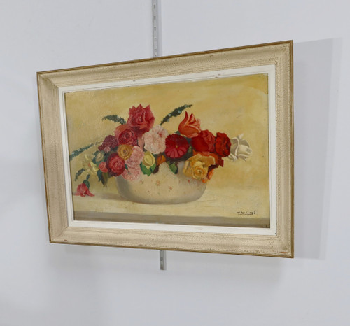 Large Painting "Still Life with a Bouquet of Flowers" Signed Obligi - Early 20th Century