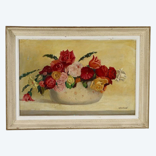 Large Painting "Still Life with a Bouquet of Flowers" Signed Obligi - Early 20th Century