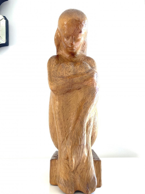 Große Skulptur Junge Frau 64 cm, Massivholz, Von Michel Bonnand