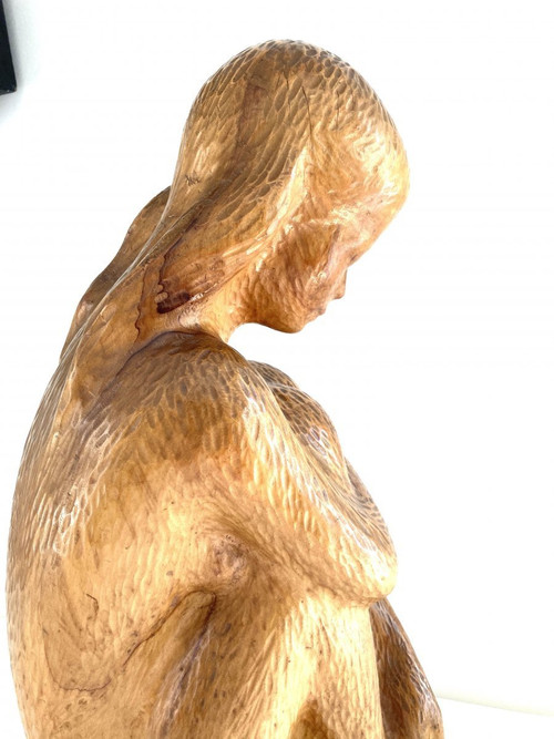 Große Skulptur Junge Frau 64 cm, Massivholz, Von Michel Bonnand