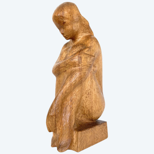 Große Skulptur Junge Frau 64 cm, Massivholz, Von Michel Bonnand