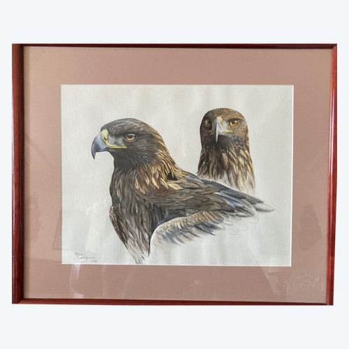 Watercolor with Two Royal Eagle Heads Signed Philippe Varnardois