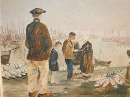 Gemälde Öl auf Leinwand, Ansicht des Hafens, Rückkehr vom Fischfang, FINISTERE (signiert Fabien um 1950)