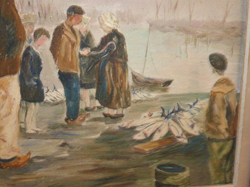 Gemälde Öl auf Leinwand, Ansicht des Hafens, Rückkehr vom Fischfang, FINISTERE (signiert Fabien um 1950)