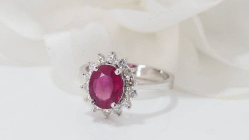 Marguerite Ring In White Gold, Oval Ruby And Diamonds