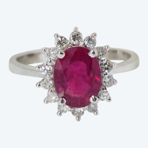 Marguerite Ring In White Gold, Oval Ruby And Diamonds