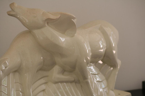 Couple d'Antilopes En Céramique Craquelée, Signée Lemanceau, Art Deco