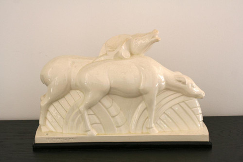 Couple d'Antilopes En Céramique Craquelée, Signée Lemanceau, Art Deco