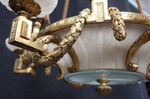 Large Chandelier In Gilt Bronze And Alabaster Late 19th Century