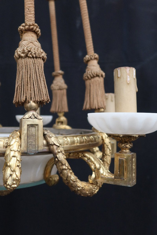 Large Chandelier In Gilt Bronze And Alabaster Late 19th Century