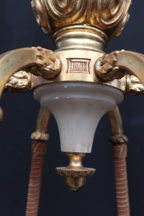 Large Chandelier In Gilt Bronze And Alabaster Late 19th Century