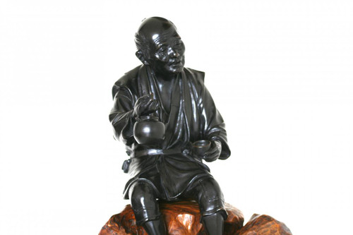 Bronze statue with black patina, Okimono - Japanese man, late Meiji period