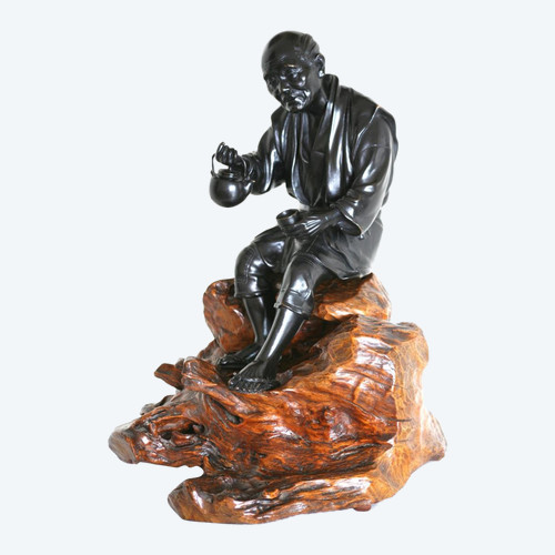 Bronze statue with black patina, Okimono - Japanese man, late Meiji period