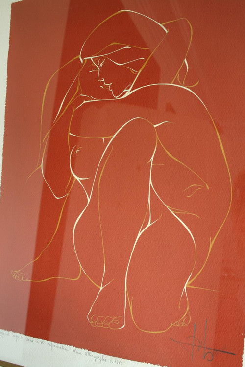 Gouache on vellum, NU Féminin, 1975, signed