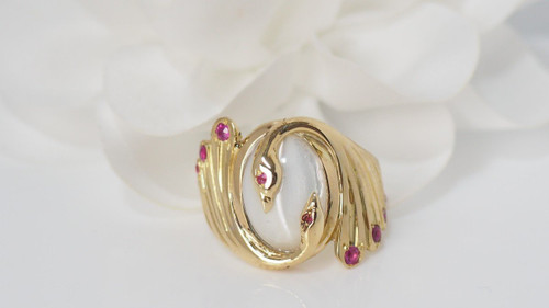 Yellow Gold, Moonstone And Ruby Ring