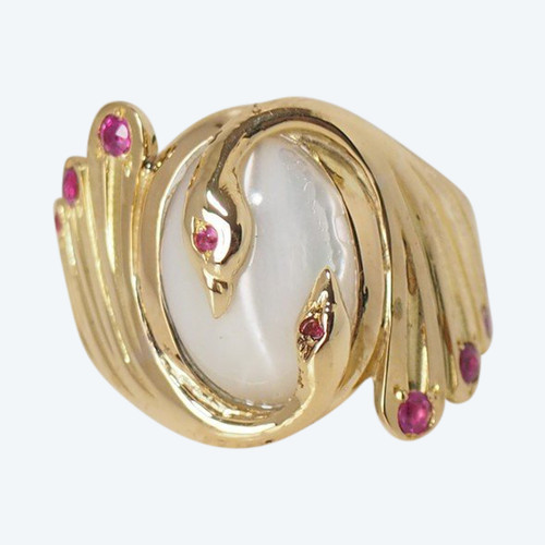 Yellow Gold, Moonstone And Ruby Ring