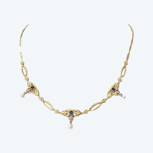 Old Necklace In Yellow Gold And Platinum, Sapphires Pearls And Diamonds