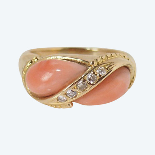 Bague En Or Jaune, Cabochons De Corail Et Diamants