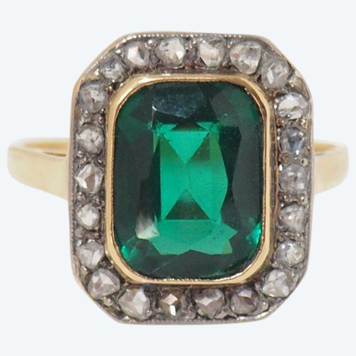 Pompadour Ring In Yellow Gold, Green Stone And Diamonds