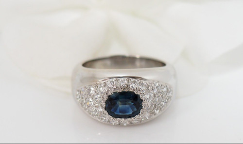 Band Ring In White Gold, Oval Sapphire And Diamonds