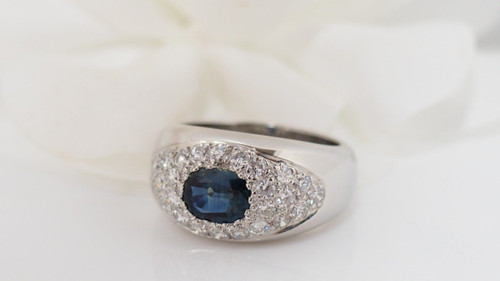 Band Ring In White Gold, Oval Sapphire And Diamonds