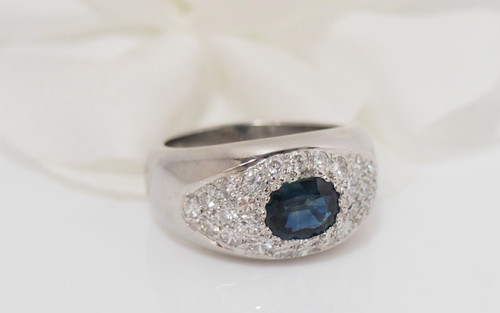 Band Ring In White Gold, Oval Sapphire And Diamonds