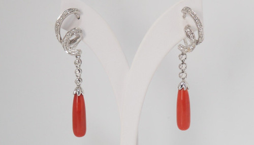 White Gold, Diamond And Coral Drop Earrings