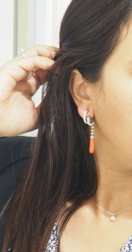 White Gold, Diamond And Coral Drop Earrings