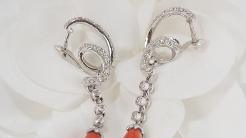 White Gold, Diamond And Coral Drop Earrings