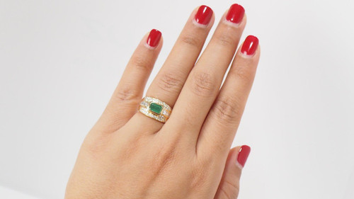 Band Ring In Yellow Gold, Emerald And Diamonds