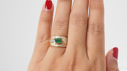 Band Ring In Yellow Gold, Emerald And Diamonds