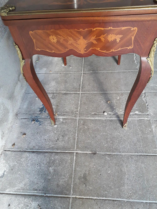 Early 20th century marquetry games table, decorated with flowers