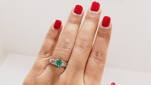 Ring In White Gold, Oval Emerald And Diamonds