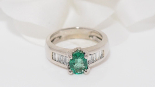 Ring In White Gold, Oval Emerald And Diamonds