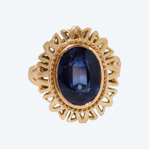 Vintage Ring In Yellow Gold And Synthetic Sapphire