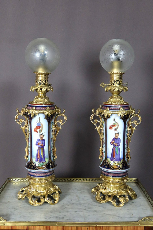 Pair Of Lamps In Bayeux Porcelain And Gilt Bronze 19th Century