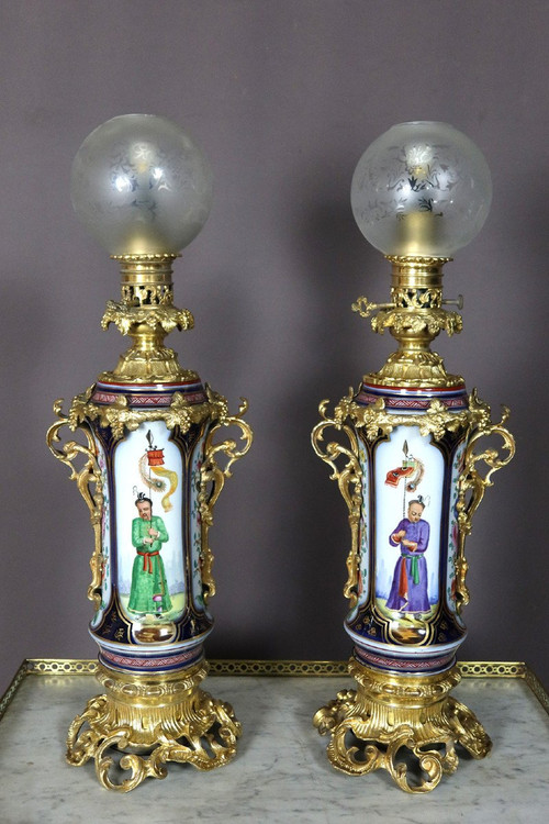 Pair Of Lamps In Bayeux Porcelain And Gilt Bronze 19th Century