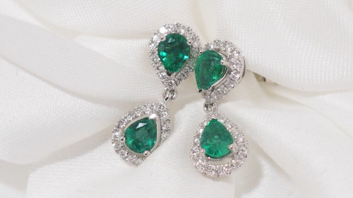 Pair Of Drop Earrings In White Gold, Emeralds And Diamonds