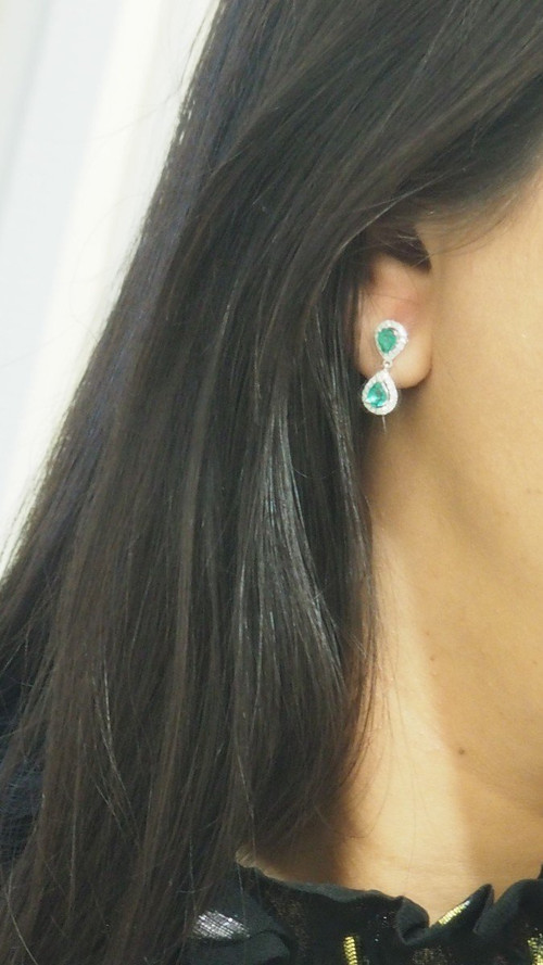 Pair Of Drop Earrings In White Gold, Emeralds And Diamonds