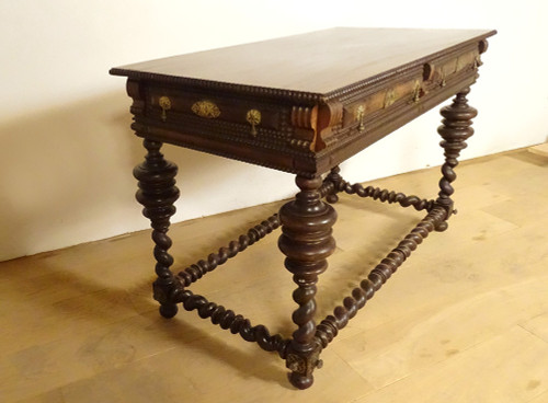 Table de milieu en palissandre indo-portugaise bronze tiroirs XIXème siècle