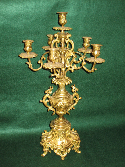 Pair of large 6-light gilt bronze rococo style candelabras, 19th century