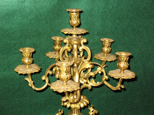 Pair of large 6-light gilt bronze rococo style candelabras, 19th century