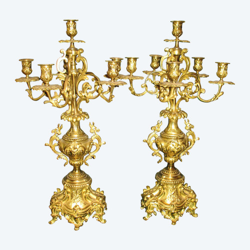 Pair of large 6-light gilt bronze rococo style candelabras, 19th century